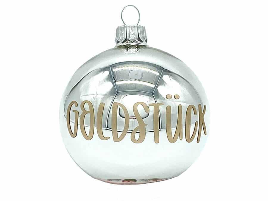 Handgemachte Weihnachtskugel in silber mit goldener Aufschrift von LUI Dogstuff