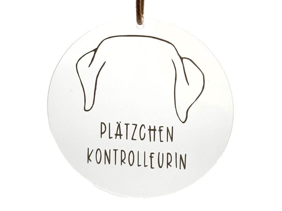 Handgemachtes Acrylglas mit schwarzer Aufschrift von LUI Dogstuff