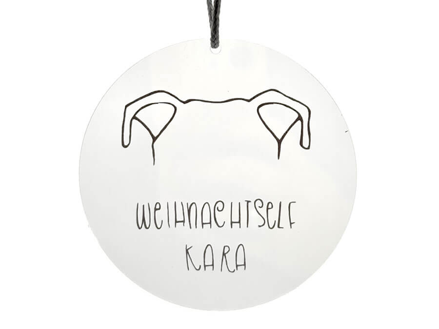 Handgemachtes Acrylglas mit schwarzer Aufschrift von LUI Dogstuff